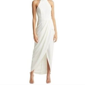 Xscape White Halter Maxi Dress with Front Wrap Skirt